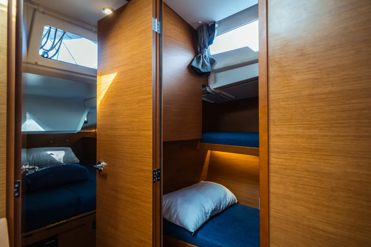 Cabin on Aurora, a Jeanneau Sun Odyssey 490 sailboat at Olbia, Italy