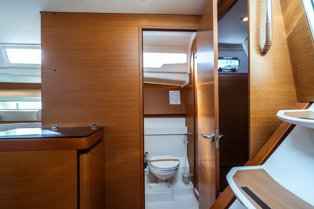 Head on Aurora, a Jeanneau Sun Odyssey 490 sailboat at Olbia, Italy