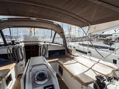 Cockpit of Aurora, a Jeanneau Sun Odyssey 490 sailboat at Olbia, Italy