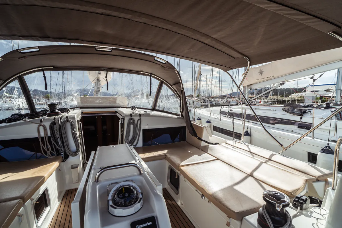 Cockpit of Aurora, a Jeanneau Sun Odyssey 490 sailboat at Olbia, Italy