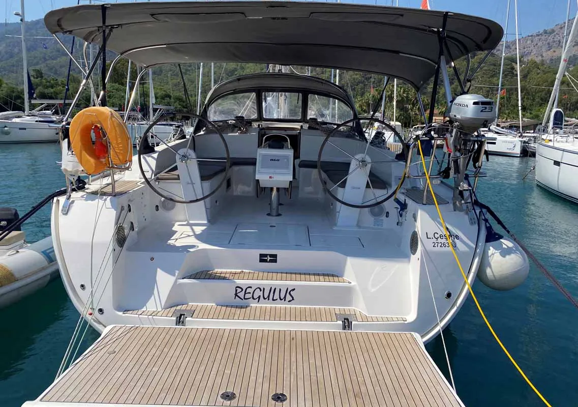 Cockpit of Regulus, a Bavaria Cruiser 46 sailboat at Fethiye, Turkey