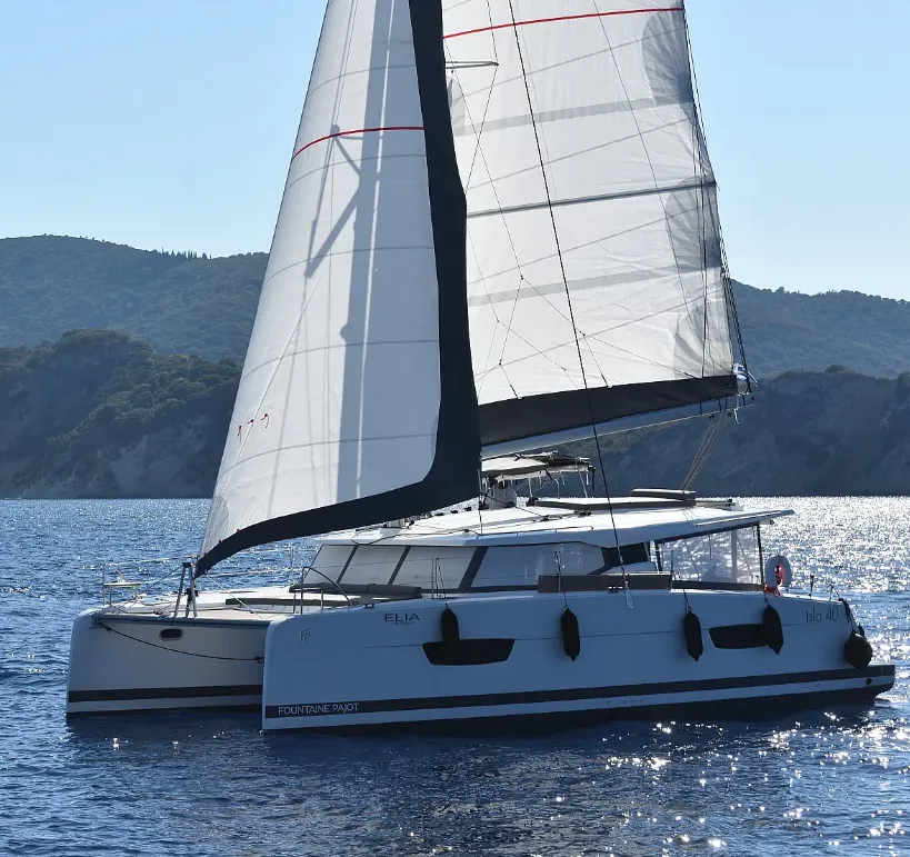 Exterior view of Elia, a Fountaine Pajot Isla 40 catamaran at Municipal Unit of Lefkada, Greece