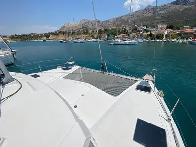 Deck of Elia, a Fountaine Pajot Isla 40 catamaran at Municipal Unit of Lefkada, Greece