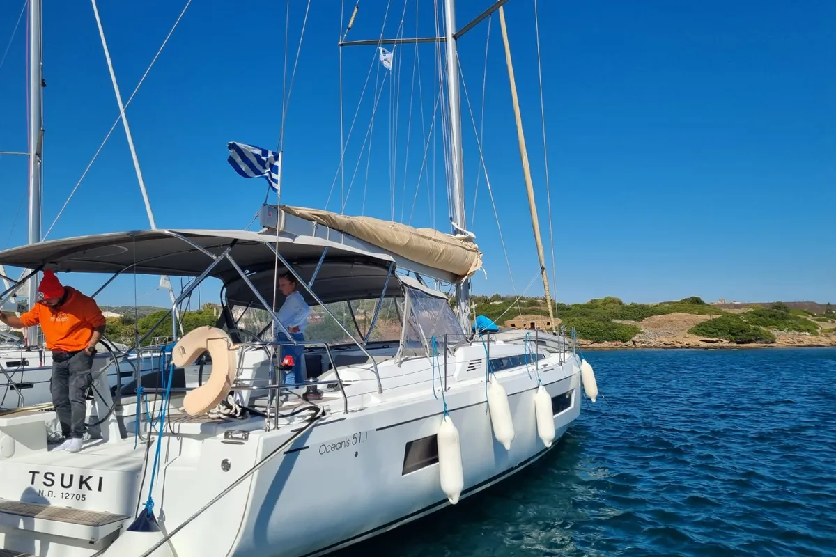 Deck of Tsuki, a Beneteau Oceanis 51.1 sailboat at Lavrion, Greece