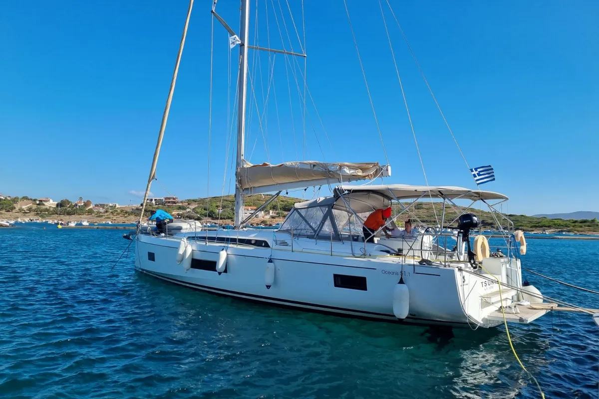 Exterior view of Tsuki, a Beneteau Oceanis 51.1 sailboat at Lavrion, Greece
