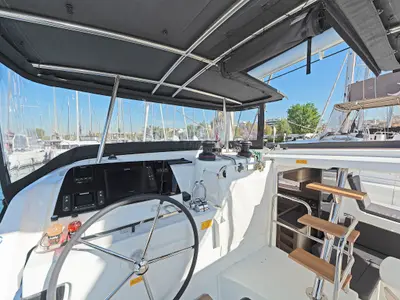 Cockpit of Playtime, a Lagoon 42 catamaran at Parikia, Greece