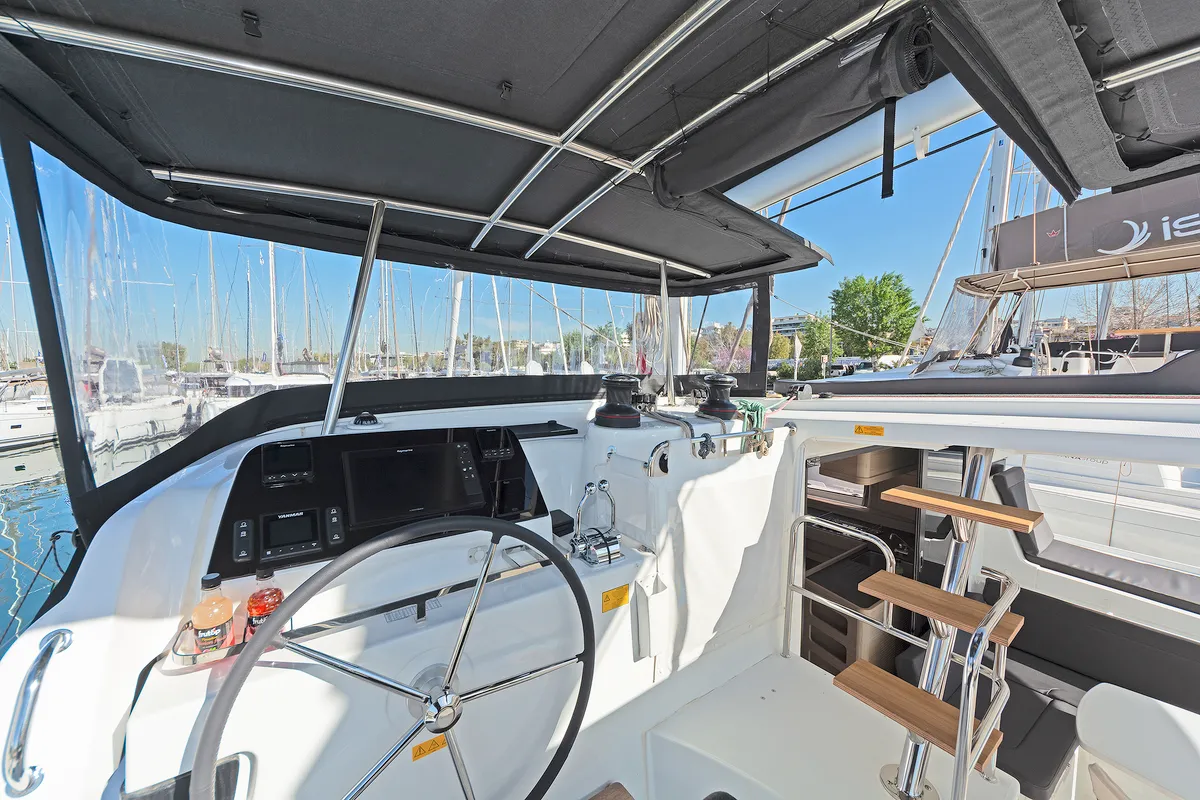 Cockpit of Playtime, a Lagoon 42 catamaran at Parikia, Greece