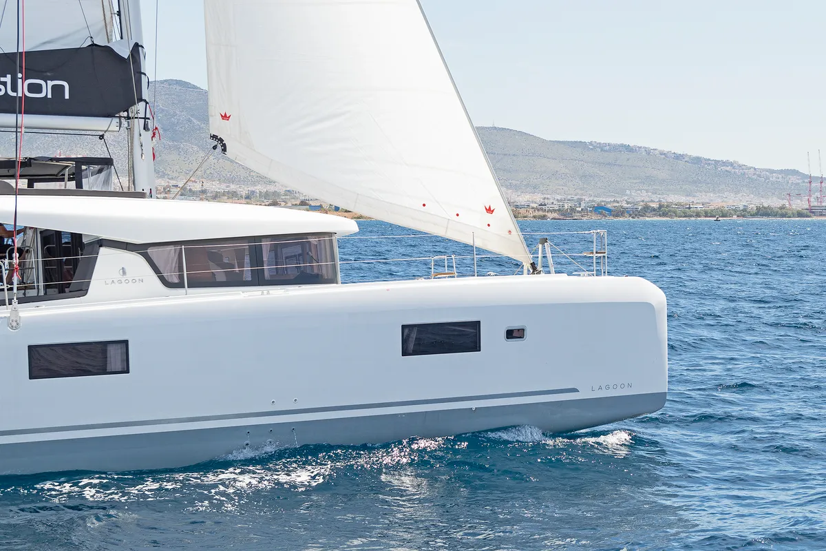 Exterior view of Playtime, a Lagoon 42 catamaran at Parikia, Greece
