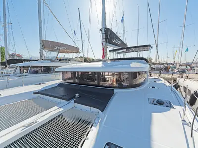 Deck of Playtime, a Lagoon 42 catamaran at Parikia, Greece