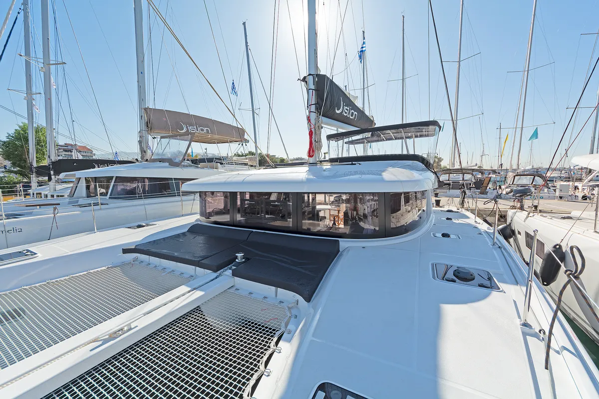 Deck of Playtime, a Lagoon 42 catamaran at Parikia, Greece