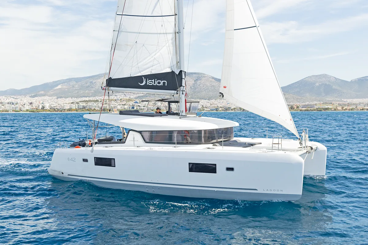 Exterior view of Playtime, a Lagoon 42 catamaran at Parikia, Greece