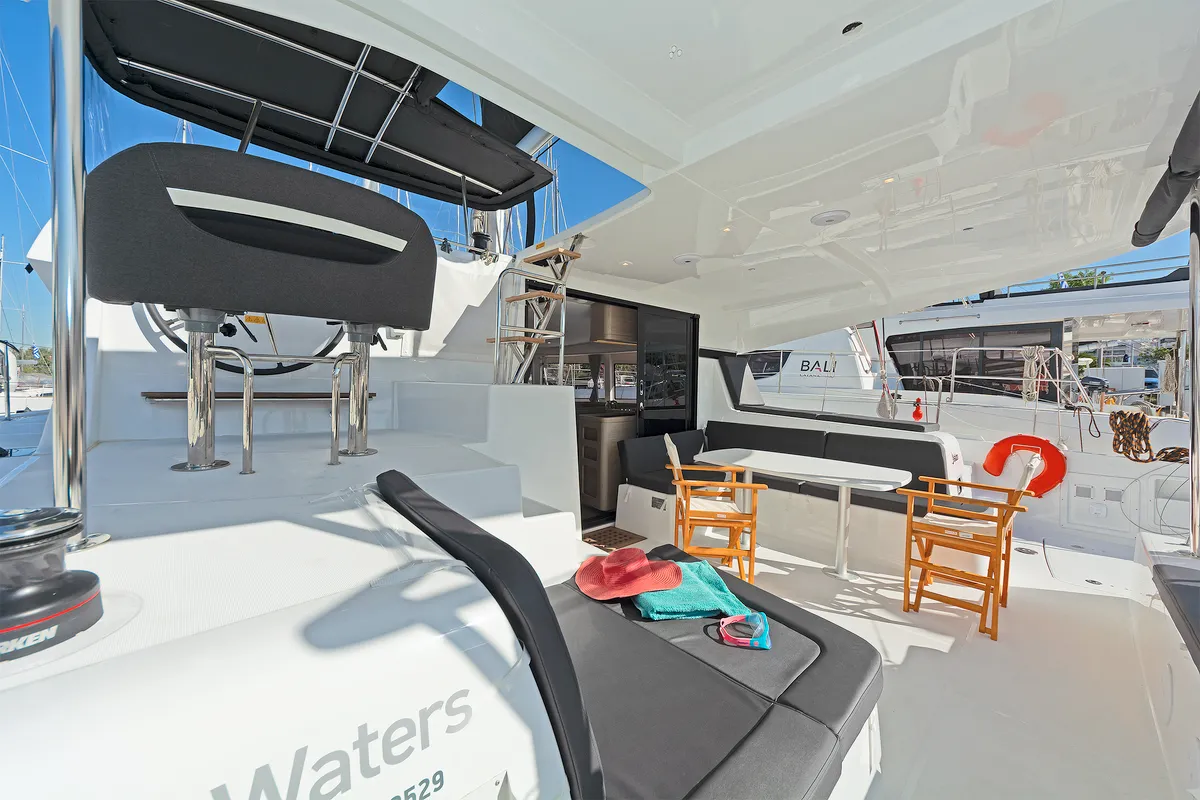 Deck of Playtime, a Lagoon 42 catamaran at Parikia, Greece