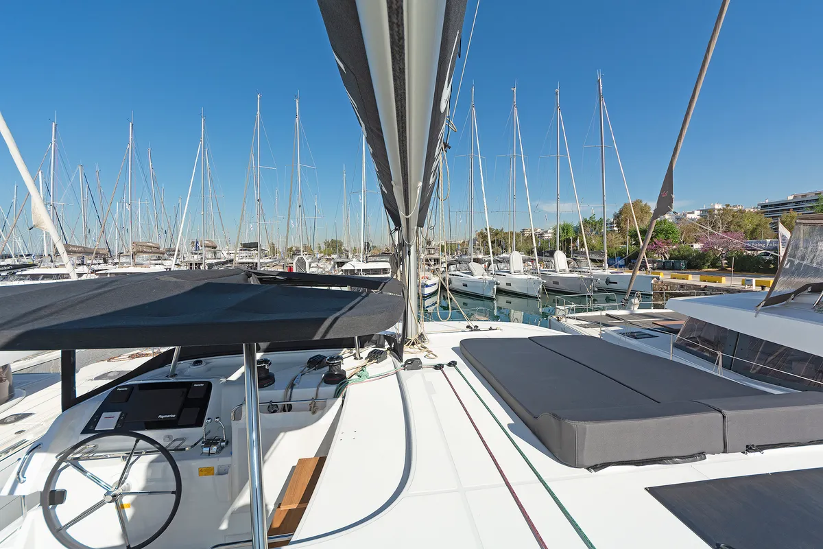 Deck of Playtime, a Lagoon 42 catamaran at Parikia, Greece