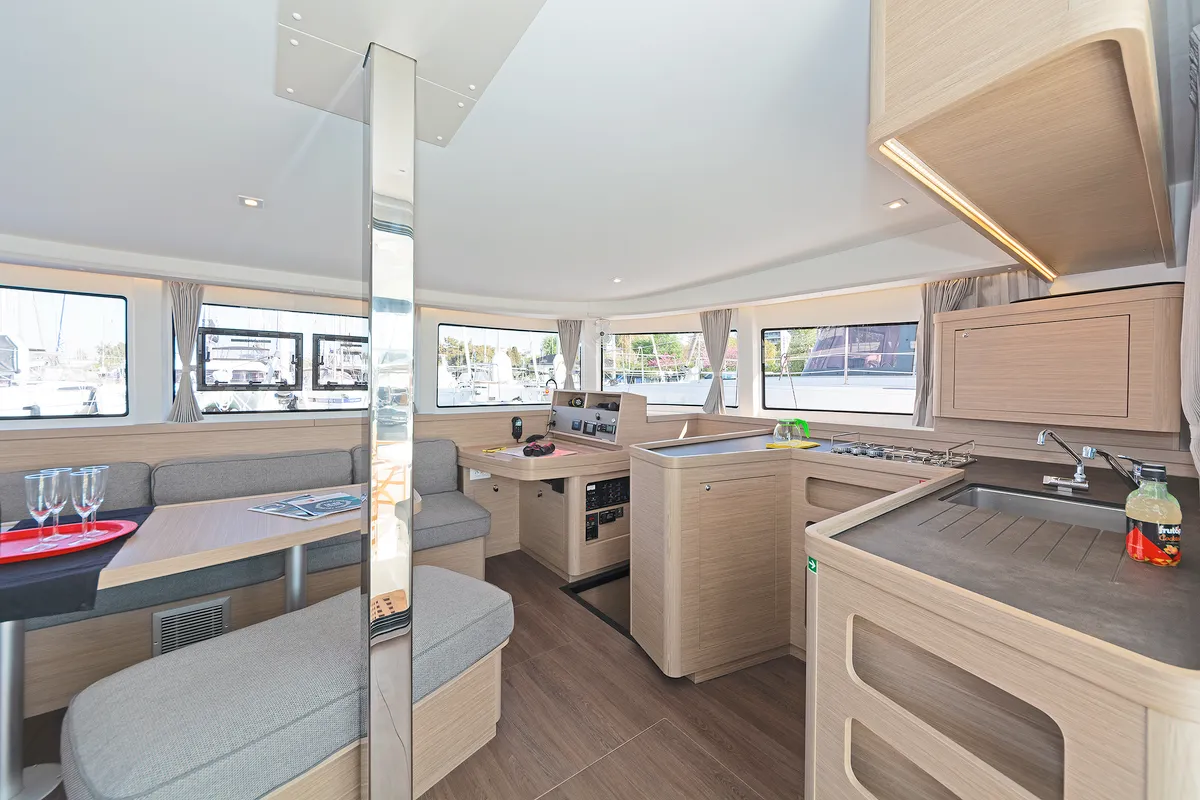 Salon of Playtime, a Lagoon 42 catamaran at Parikia, Greece