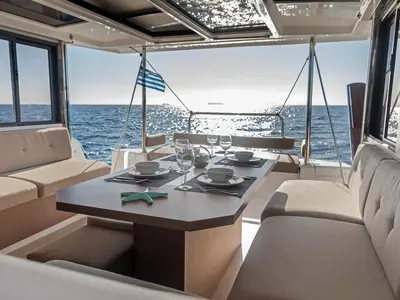 Deck of Kos 42.4, a Bali 4.2 catamaran at Municipal Unit of Lefkada, Greece