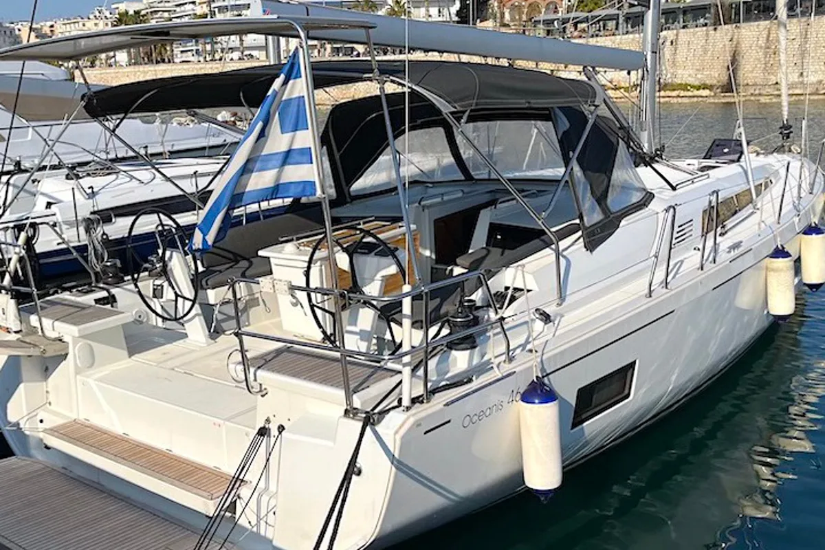 Exterior view of N A G I A, a Beneteau Oceanis 46.1 sailboat at Athens, Greece