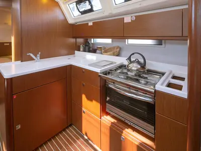 Galley of Aiolos, a Bavaria Cruiser 46 Style sailboat at Lefkada, Greece