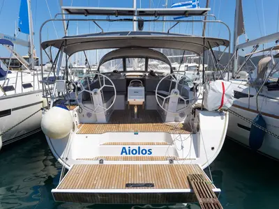 Cockpit of Aiolos, a Bavaria Cruiser 46 Style sailboat at Lefkada, Greece