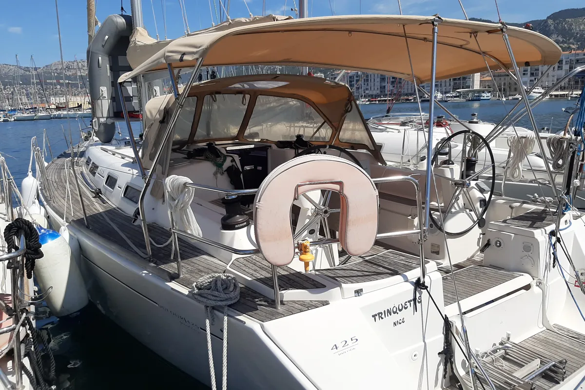 Cockpit of Trinquette, a Dufour 425 GL sailboat at Toulon, France
