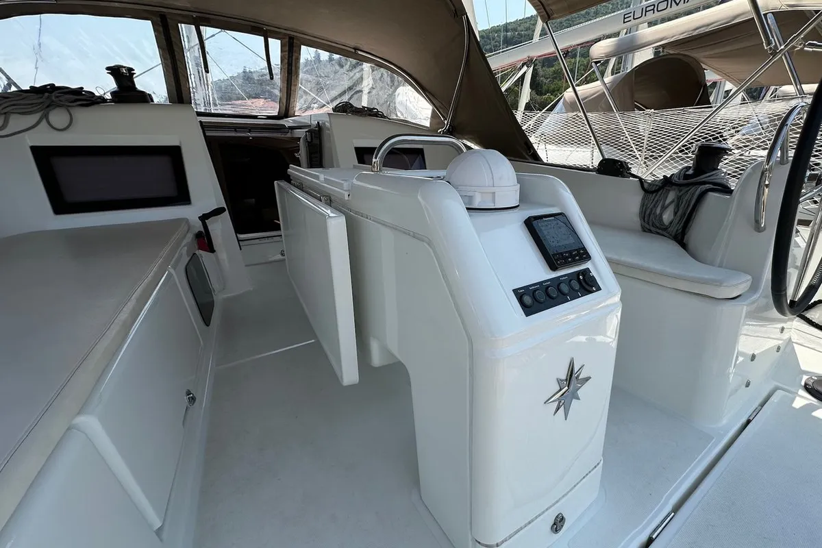 Cockpit of Wind Kiss, a Jeanneau Sun Odyssey 410 sailboat at Dubrovnik, Croatia