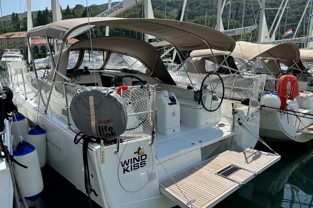 Cockpit of Wind Kiss, a Jeanneau Sun Odyssey 410 sailboat at Dubrovnik, Croatia