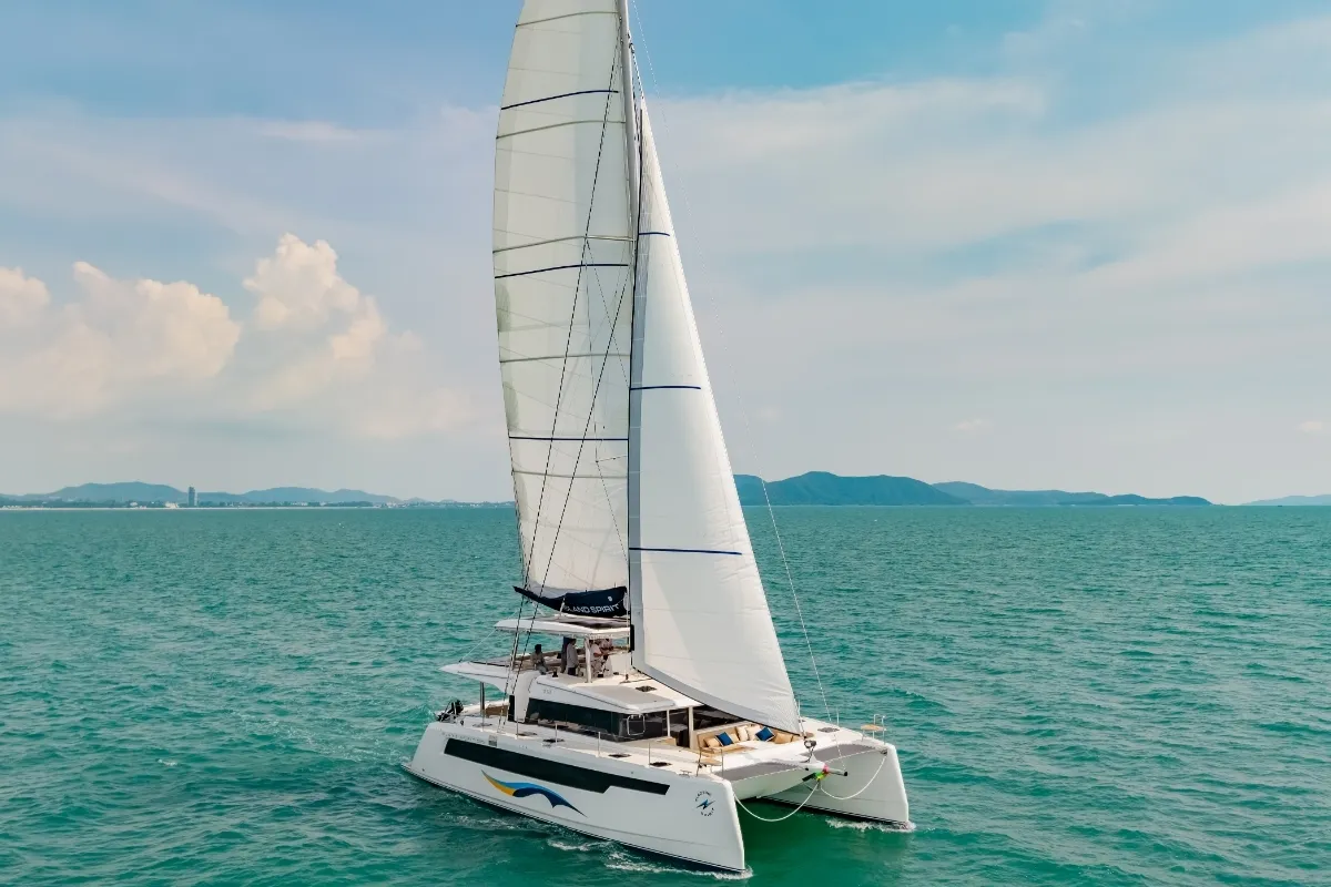 Exterior view of Electric E-Motion, a Island Spirit 525E catamaran at Mai Khao, Thailand