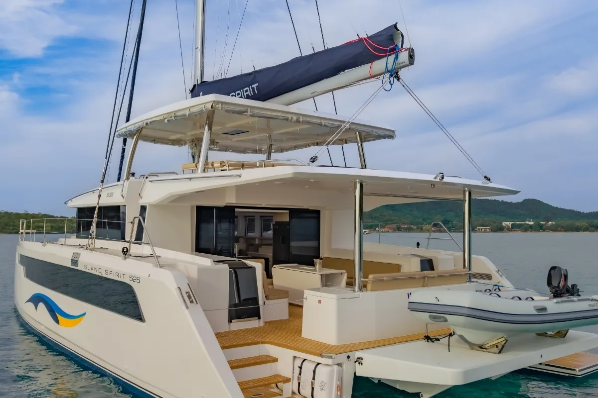 Exterior view of Electric E-Motion, a Island Spirit 525E catamaran at Mai Khao, Thailand