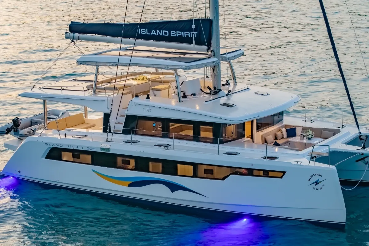 Exterior view of Electric E-Motion, a Island Spirit 525E catamaran at Mai Khao, Thailand