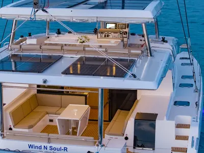 Deck of Electric E-Motion, a Island Spirit 525E catamaran at Mai Khao, Thailand