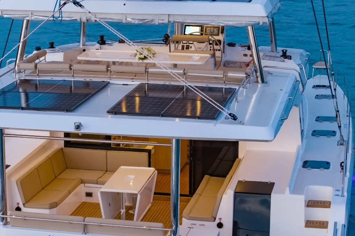 Deck of Electric E-Motion, a Island Spirit 525E catamaran at Mai Khao, Thailand