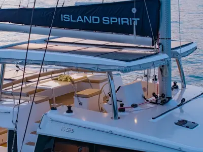 Cockpit of Electric E-Motion, a Island Spirit 525E catamaran at Mai Khao, Thailand