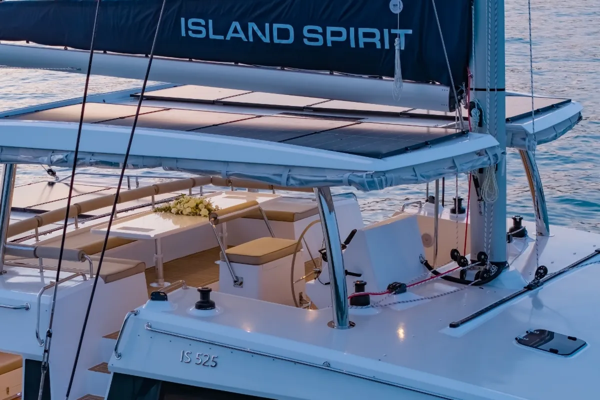 Cockpit of Electric E-Motion, a Island Spirit 525E catamaran at Mai Khao, Thailand