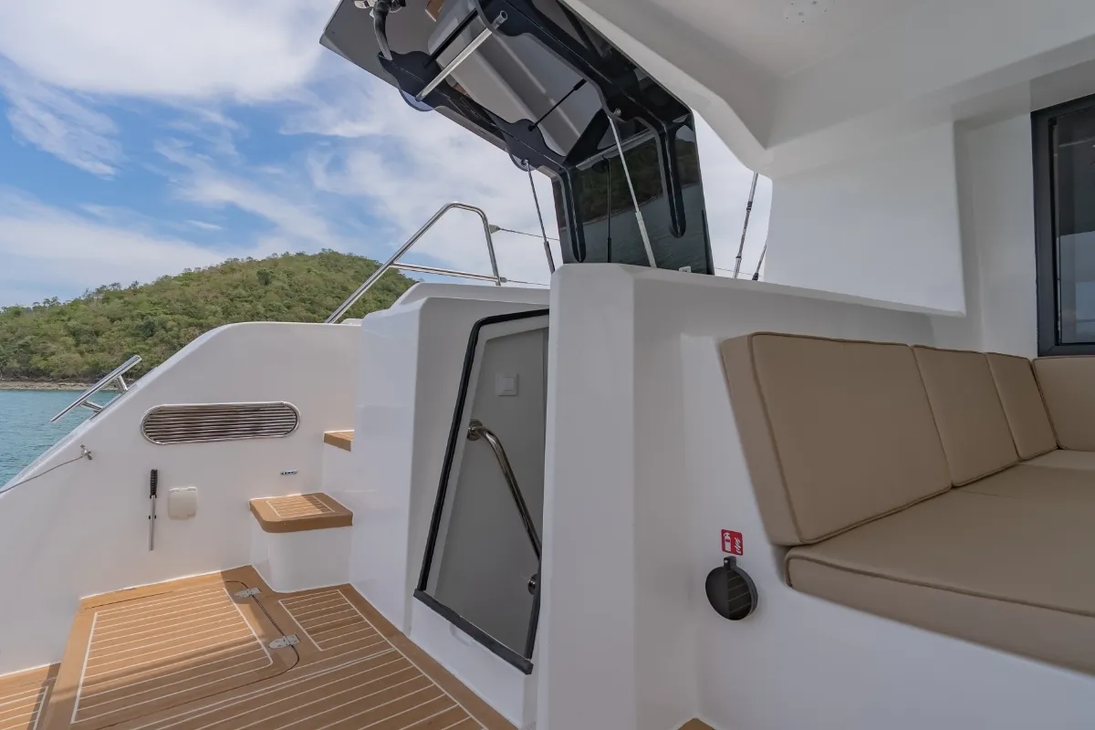 Deck of Electric E-Motion, a Island Spirit 525E catamaran at Mai Khao, Thailand