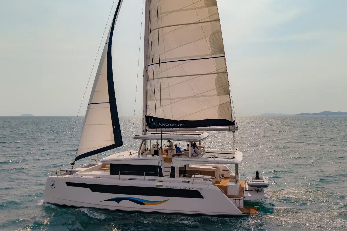 Exterior view of Electric E-Motion, a Island Spirit 525E catamaran at Mai Khao, Thailand