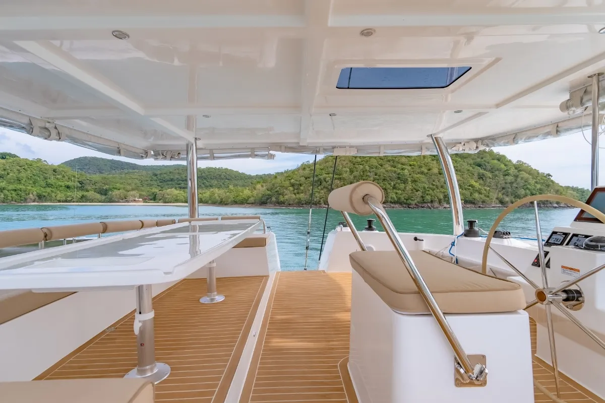 Deck of Electric E-Motion, a Island Spirit 525E catamaran at Mai Khao, Thailand