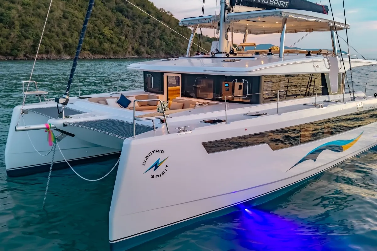 Exterior view of Electric E-Motion, a Island Spirit 525E catamaran at Mai Khao, Thailand