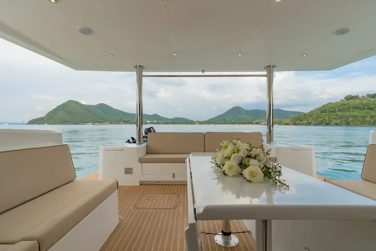 Deck of Electric E-Motion, a Island Spirit 525E catamaran at Mai Khao, Thailand