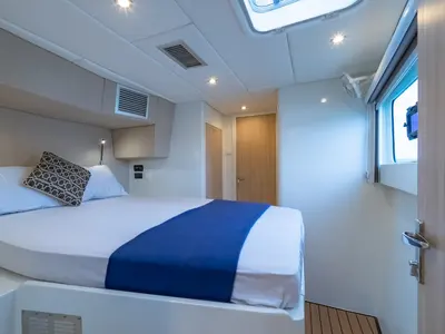 Cabin on Electric E-Motion, a Island Spirit 525E catamaran at Mai Khao, Thailand