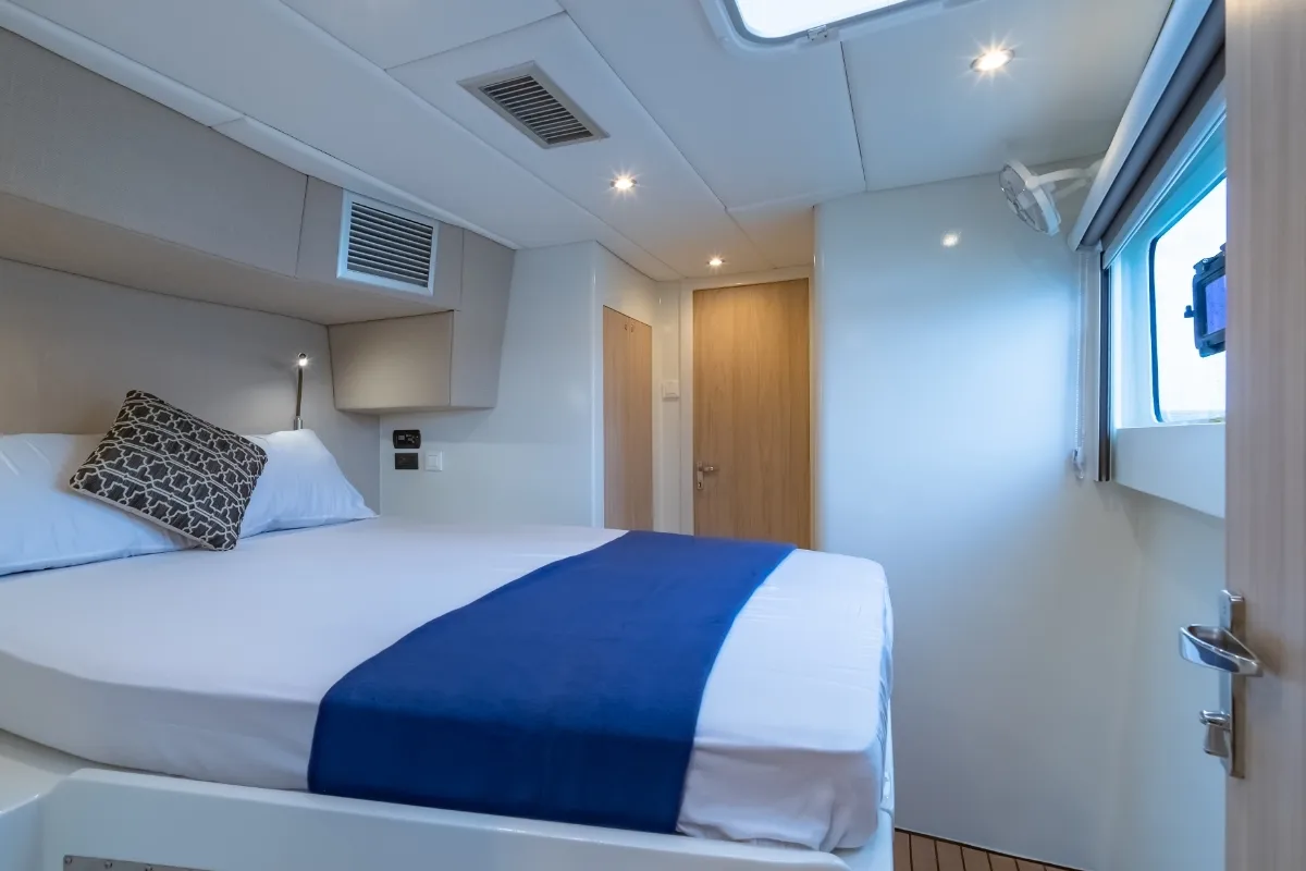 Cabin on Electric E-Motion, a Island Spirit 525E catamaran at Mai Khao, Thailand
