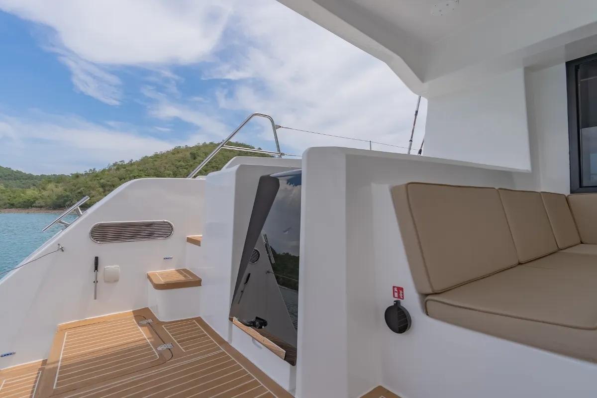 Deck of Electric E-Motion, a Island Spirit 525E catamaran at Mai Khao, Thailand