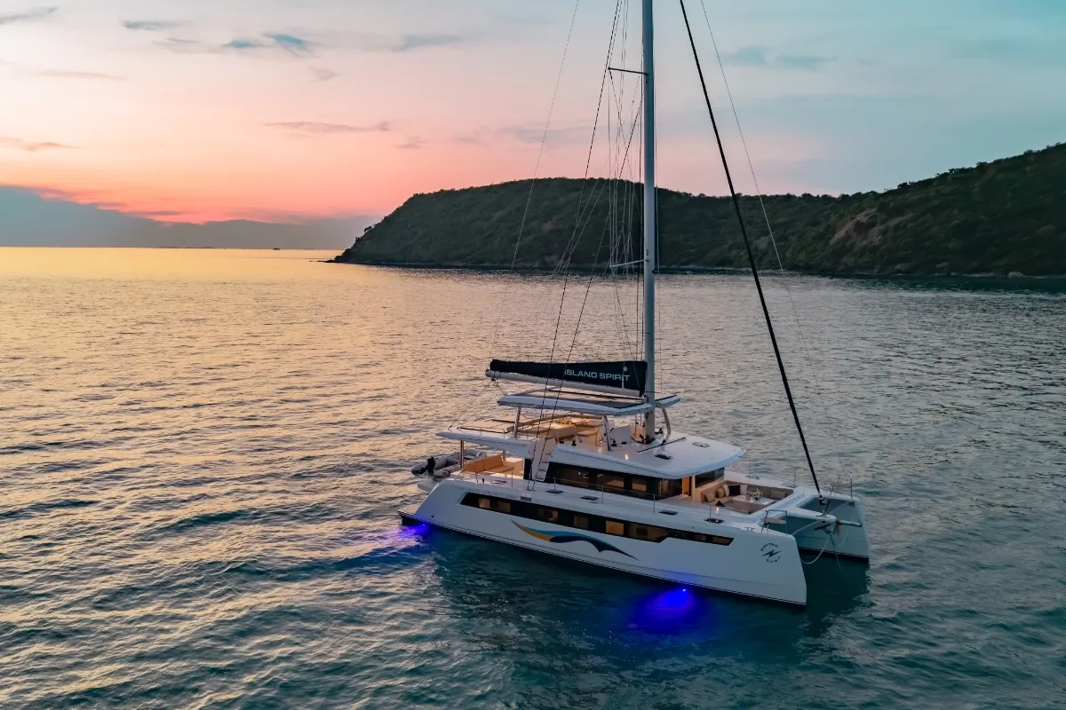 Exterior view of Electric E-Motion, a Island Spirit 525E catamaran at Mai Khao, Thailand