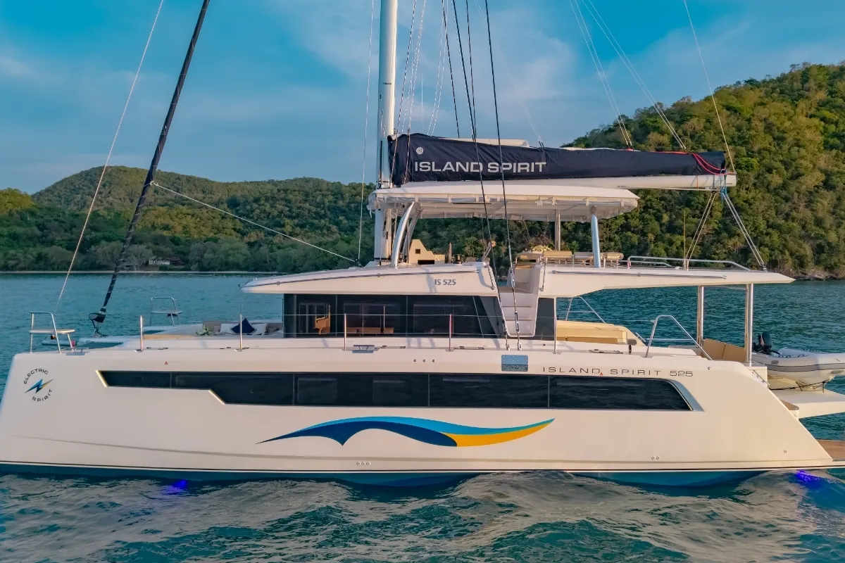 Exterior view of Electric E-Motion, a Island Spirit 525E catamaran at Mai Khao, Thailand