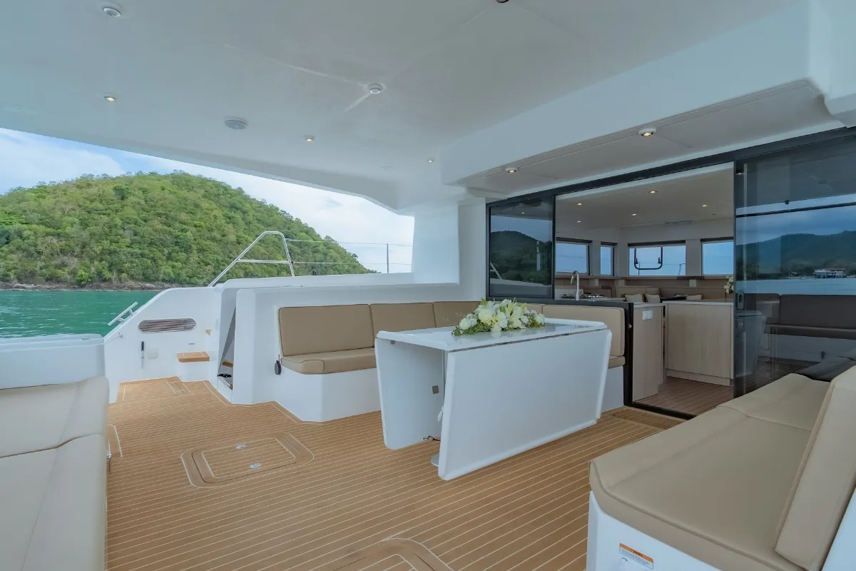 Deck of Electric E-Motion, a Island Spirit 525E catamaran at Mai Khao, Thailand