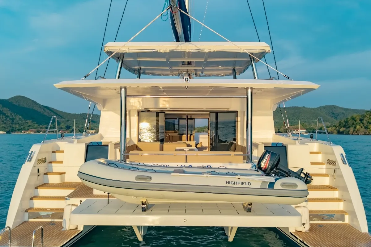 Exterior view of Electric E-Motion, a Island Spirit 525E catamaran at Mai Khao, Thailand