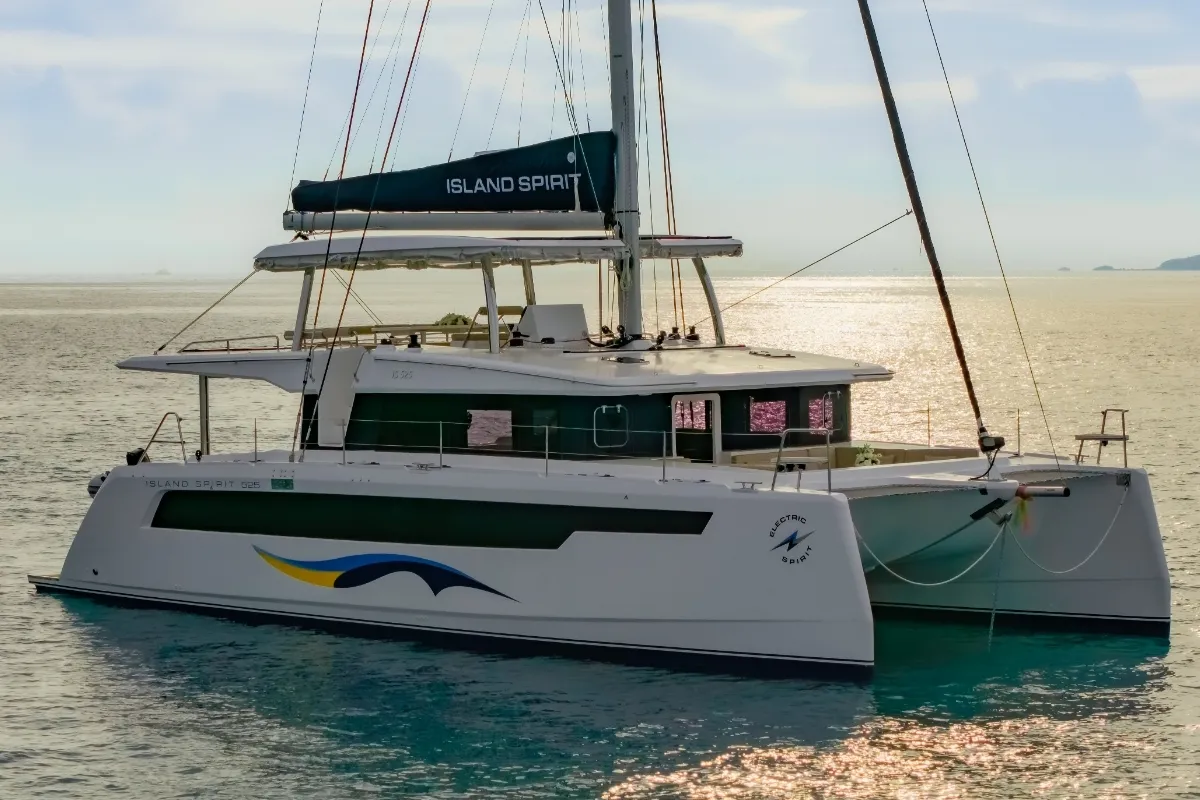 Exterior view of Electric E-Motion, a Island Spirit 525E catamaran at Mai Khao, Thailand