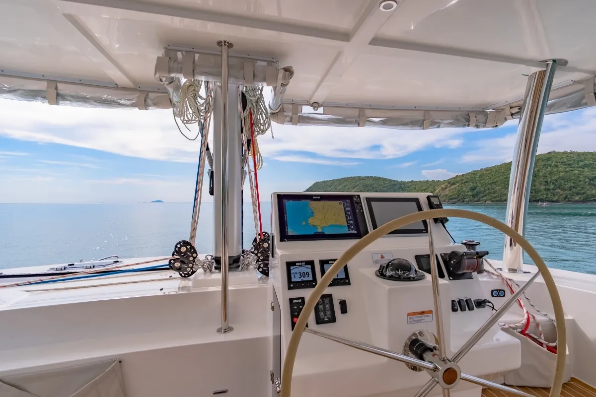 Cockpit of Electric E-Motion, a Island Spirit 525E catamaran at Mai Khao, Thailand