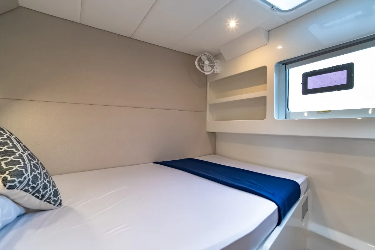 Cabin on Electric E-Motion, a Island Spirit 525E catamaran at Mai Khao, Thailand