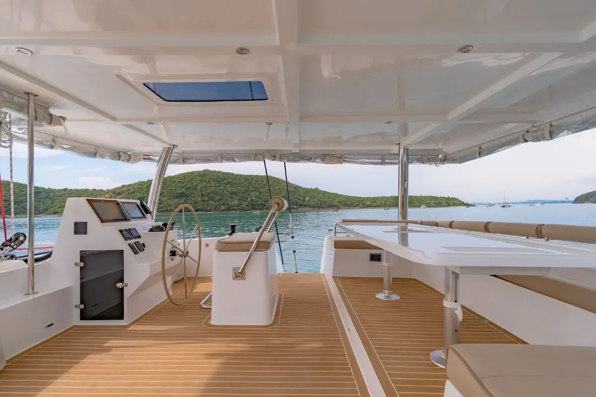 Cockpit of Electric E-Motion, a Island Spirit 525E catamaran at Mai Khao, Thailand
