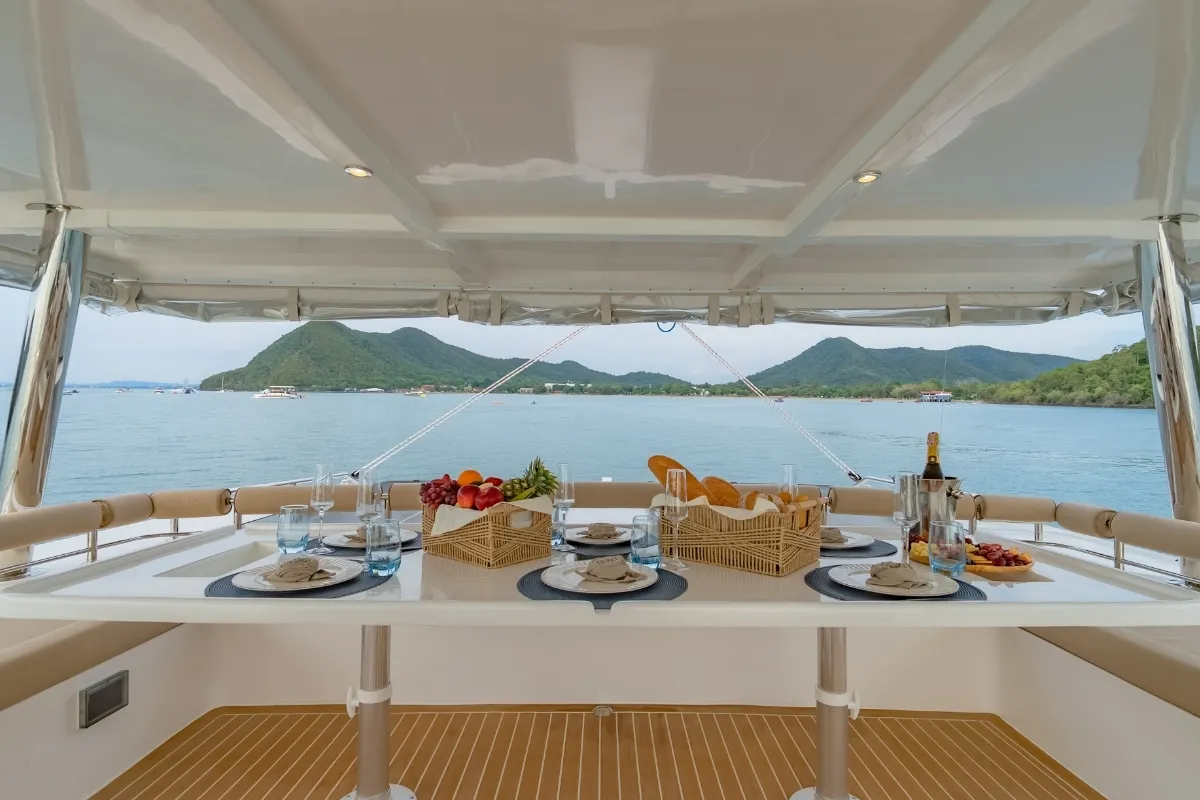 Deck of Electric E-Motion, a Island Spirit 525E catamaran at Mai Khao, Thailand