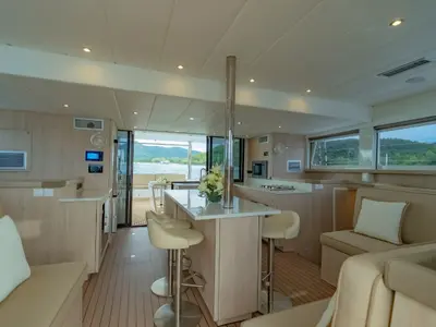Salon of Electric E-Motion, a Island Spirit 525E catamaran at Mai Khao, Thailand